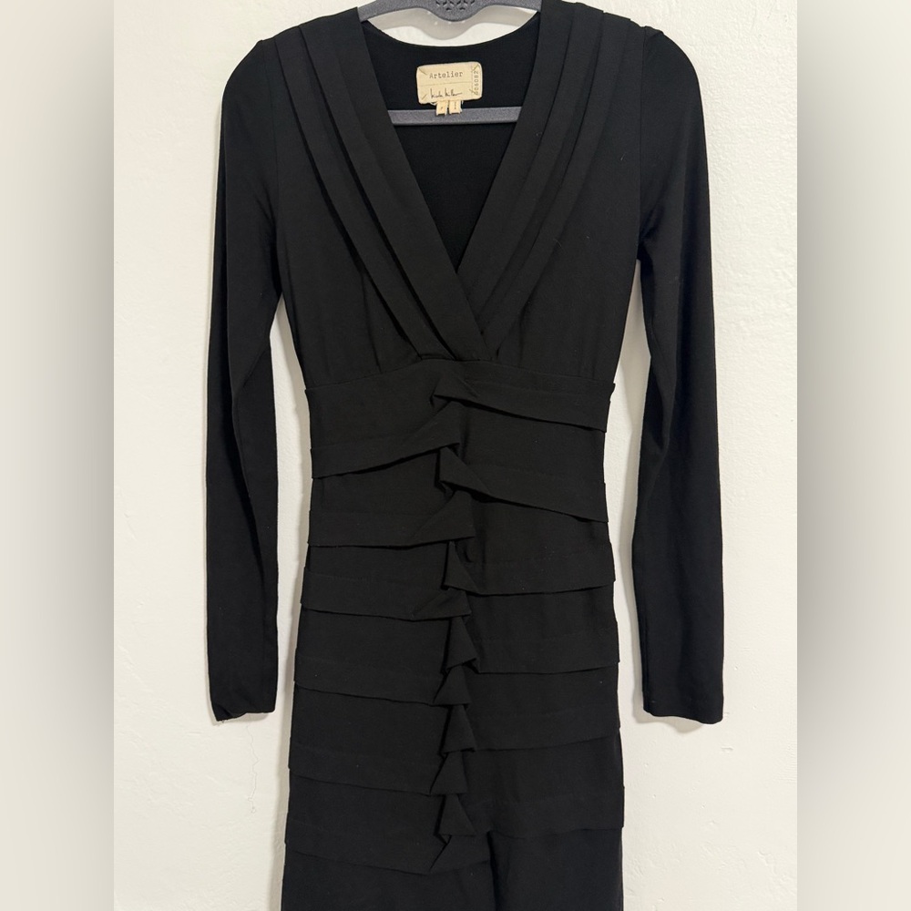 Nicole Miller Atelier Little Black Bandage Dress Long Sleeve V-Neck Bodycon XS - Picture 11 of 11